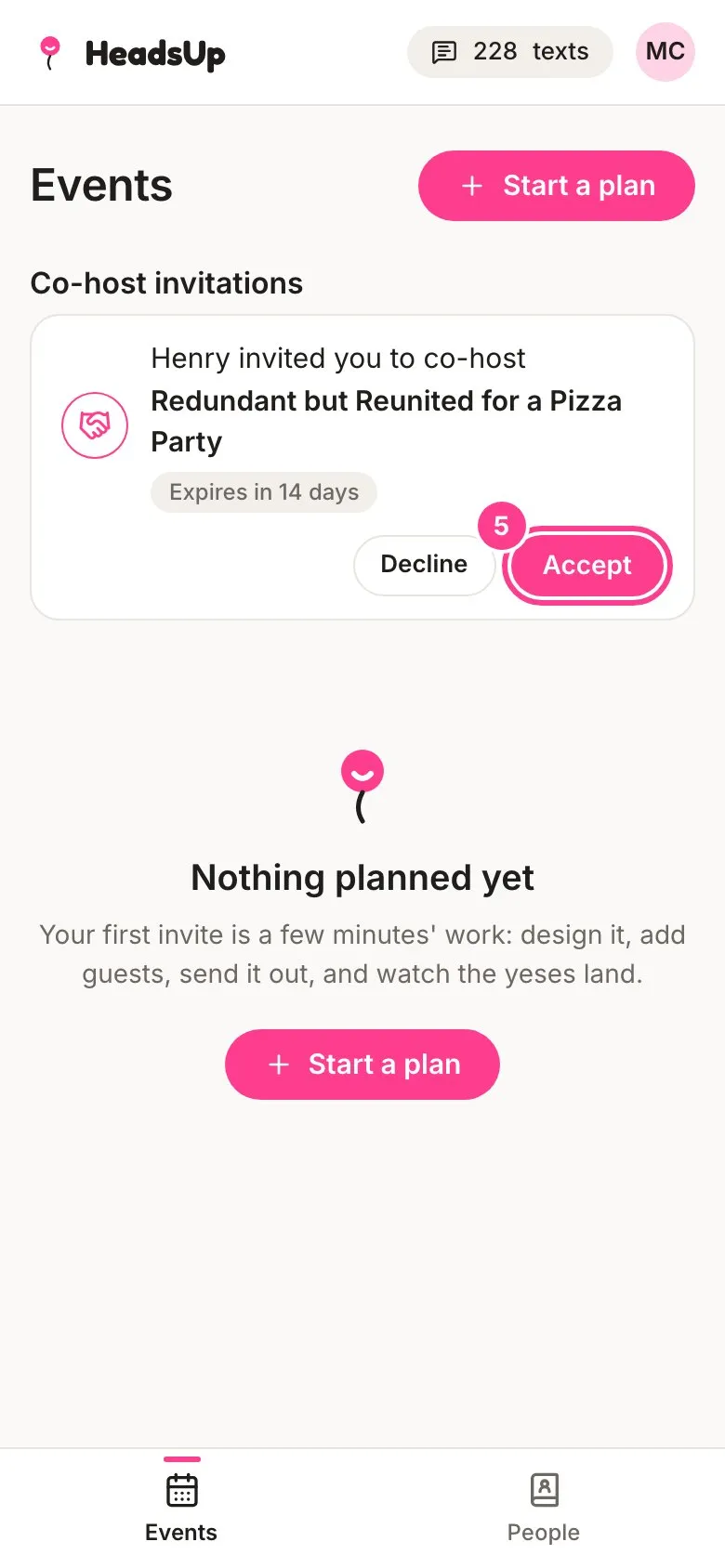 A co-host’s Events page with the invitation and the Accept button circled