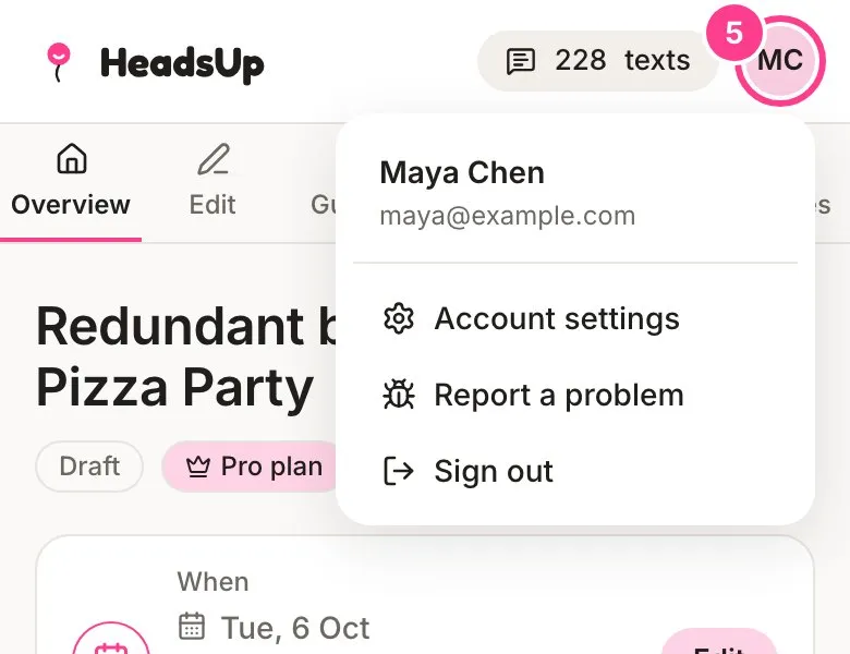 The account menu open under your initials, with the initials button circled