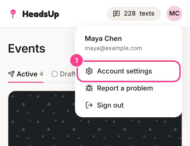 The account menu open, with Account settings circled