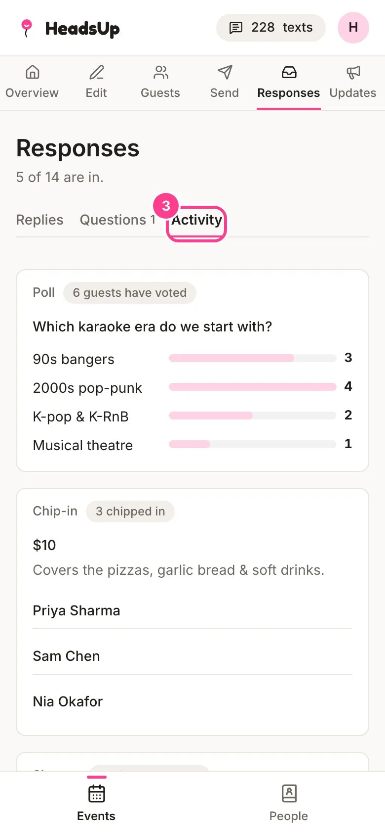 The Activity tab with poll and chip-in cards