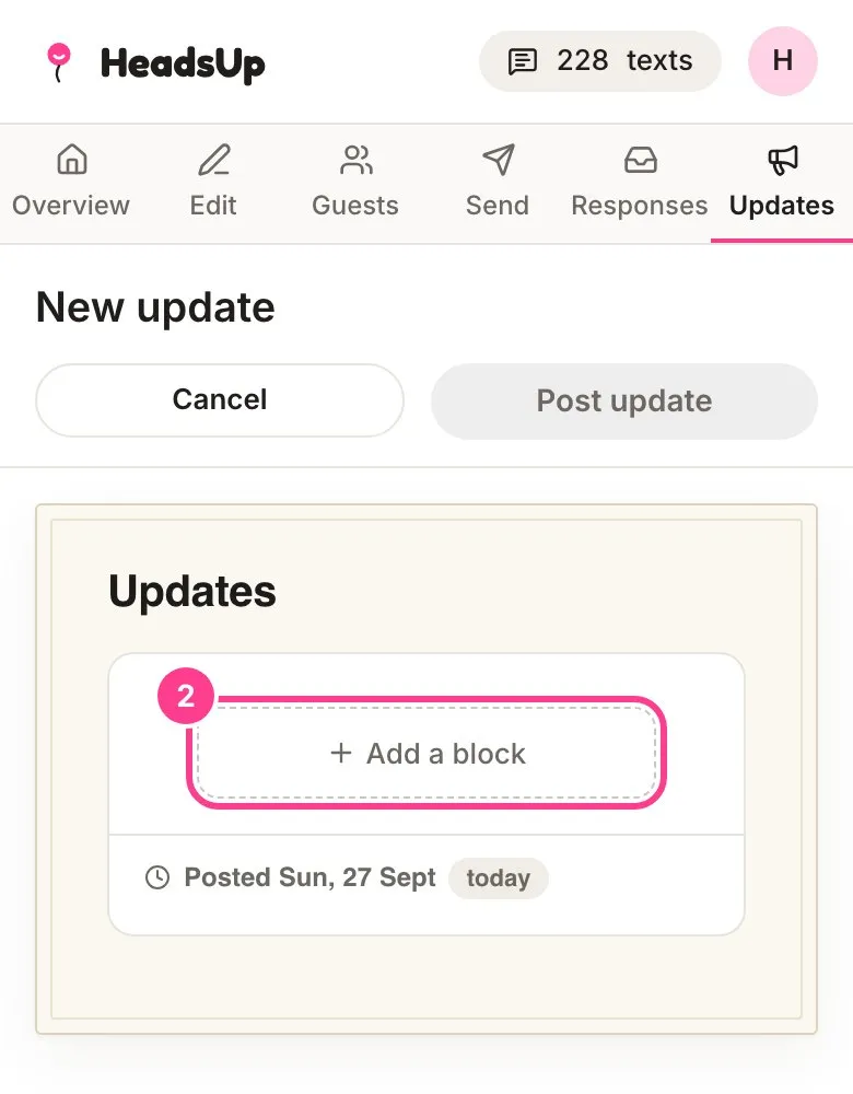 A new update with the Add a block button circled