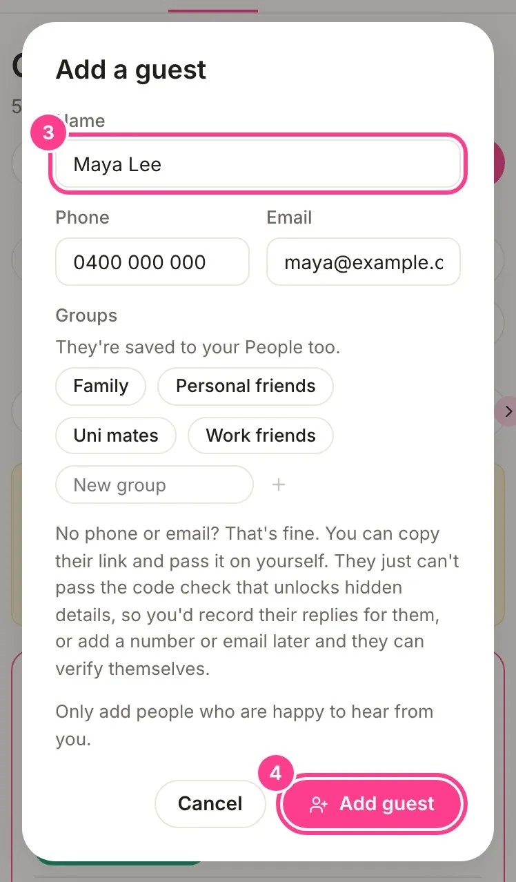 The Add a guest form filled in, with the name field and the Add guest button circled