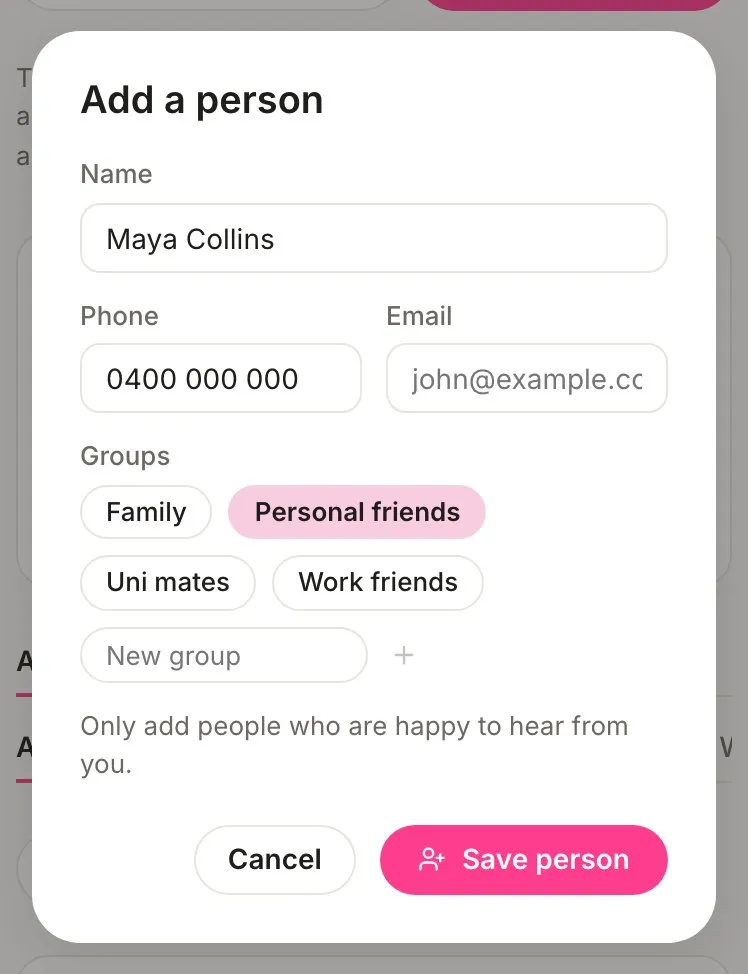 The Add a person form with a name, a phone number and the Personal friends group picked