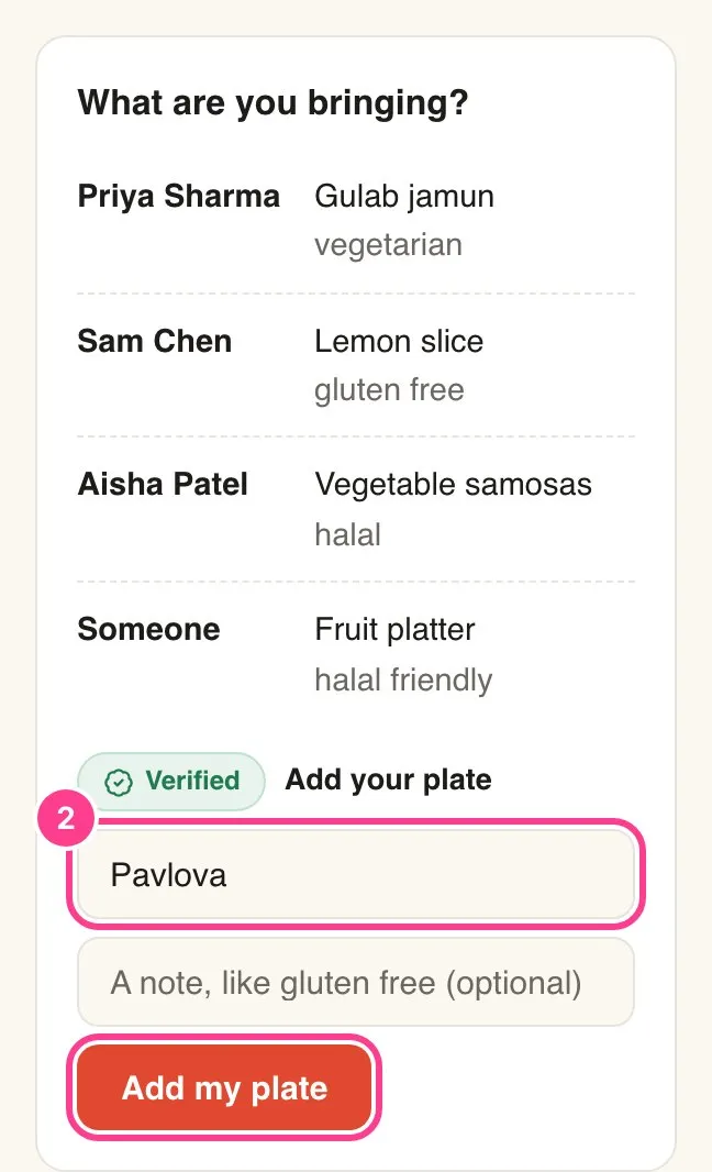 The potluck list with Pavlova typed in and the Add my plate button circled