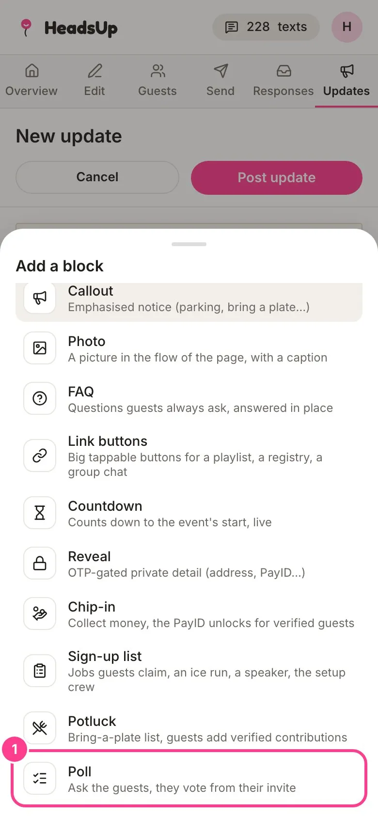 The Add a block list with Poll circled