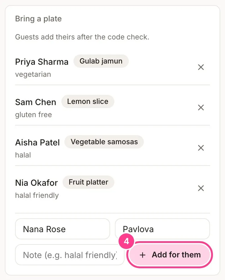 The Responses screen with the Bring a plate card filled in and the Add for them button circled
