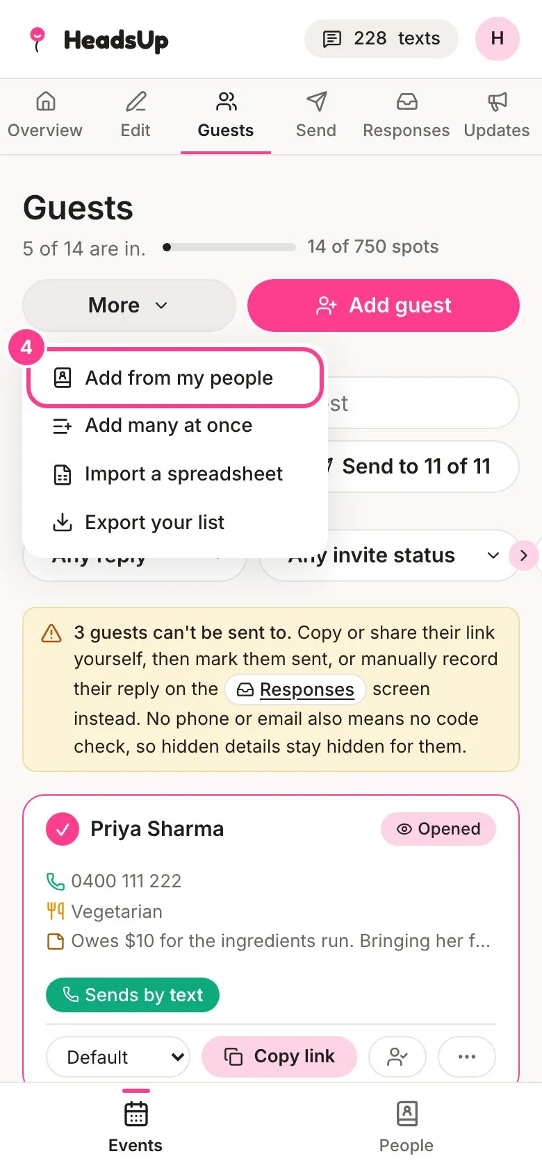 The More menu on an event’s Guests screen with Add from my people circled