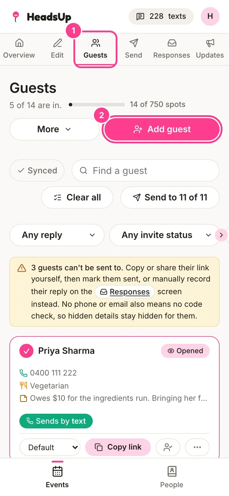 The Guests screen with the Guests tab and the Add guest button circled