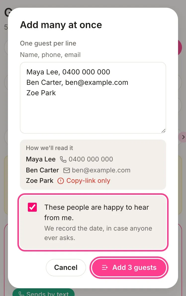The Add many at once form with three guests pasted in, the consent box and the Add 3 guests button circled