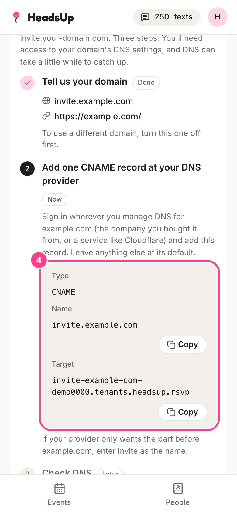 Step 2 showing the CNAME record to add, with its Type, Name and Target and a Copy button for the Name and the Target, circled