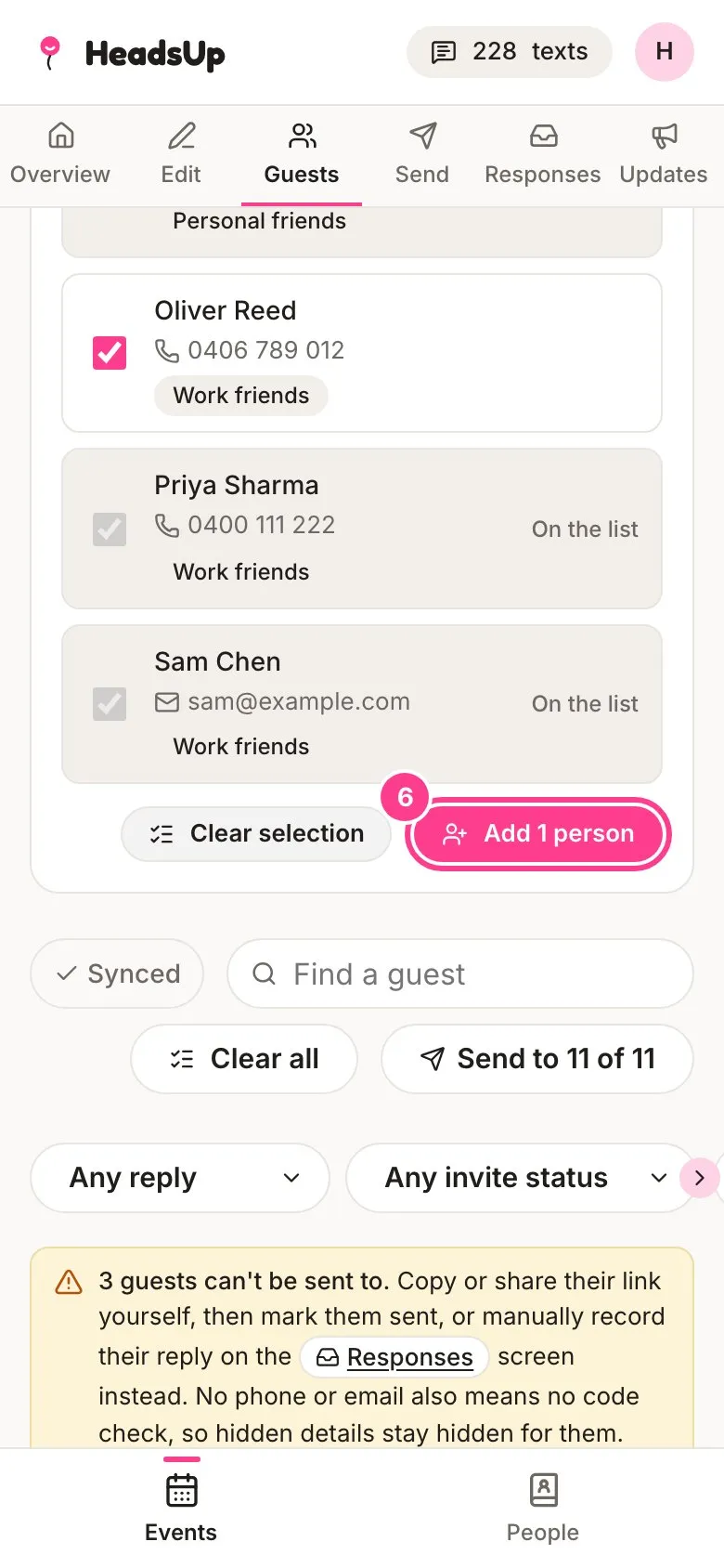 The Work friends people ticked, with the Add 1 person button circled
