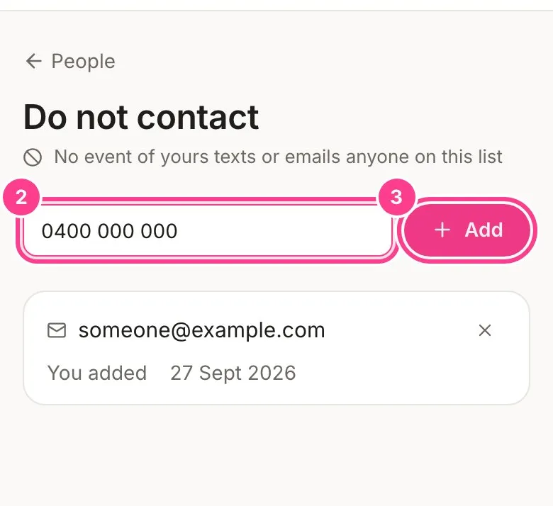 The Do not contact screen with a number typed in the field and the Add button circled, and one email already on the list