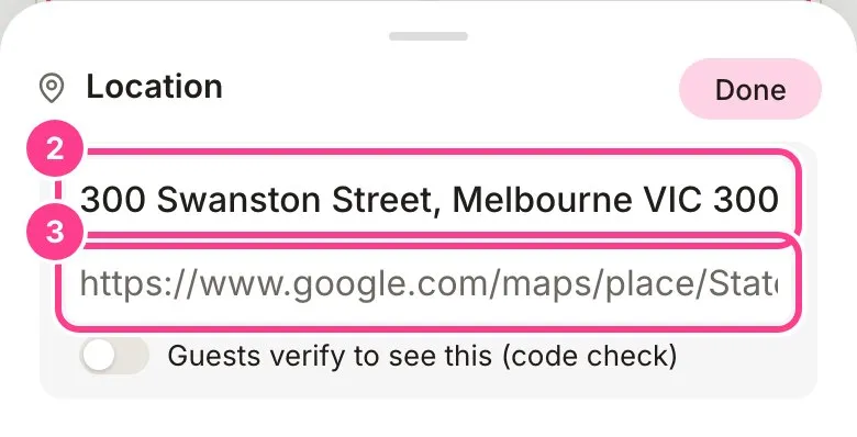 The Location sheet with the address and the Google Maps link circled
