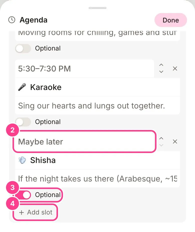 The Agenda sheet with a row’s time box, its Optional switch and the Add slot button circled