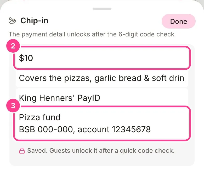 The Chip-in sheet with the amount and the hidden payment details circled