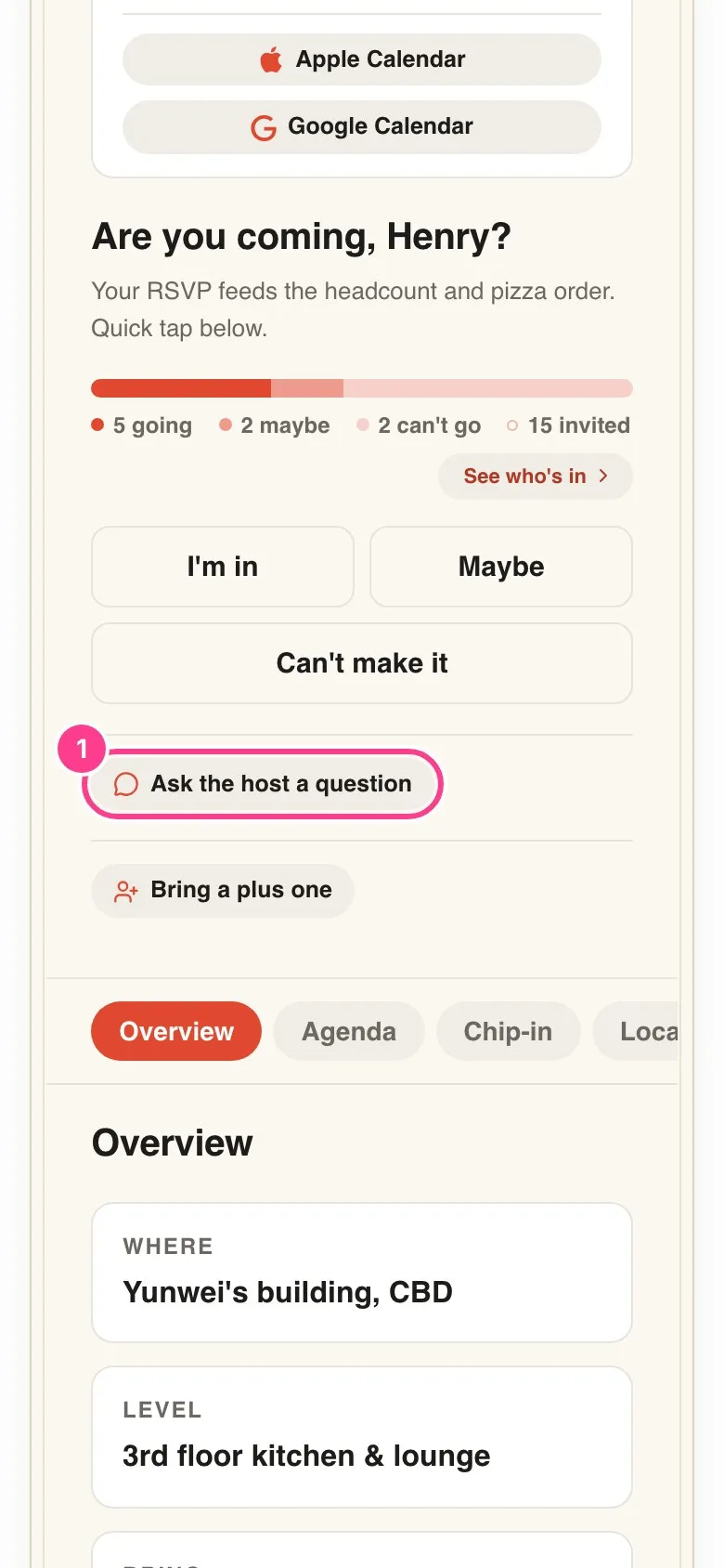 The invite with the Ask the host a question button circled