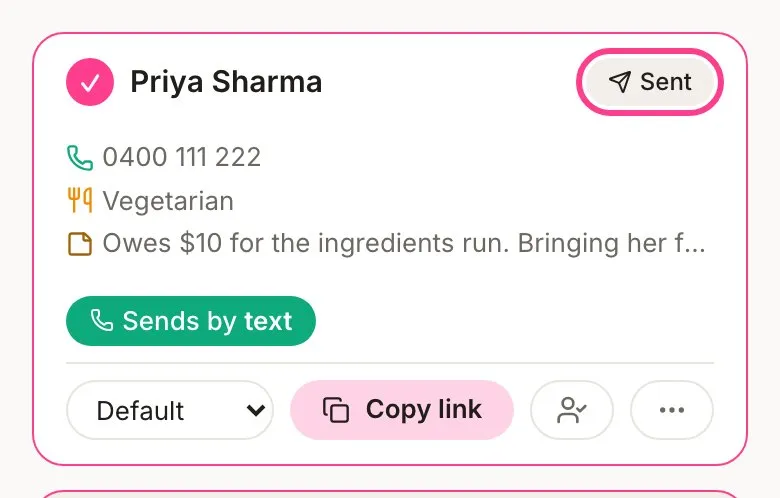 The guest’s card now showing Sent