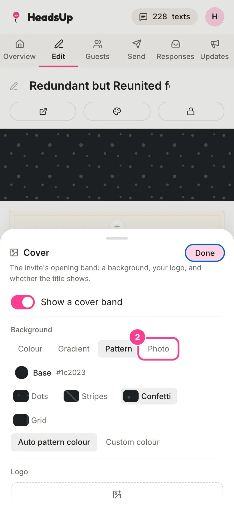 The Cover panel with the Photo background option circled