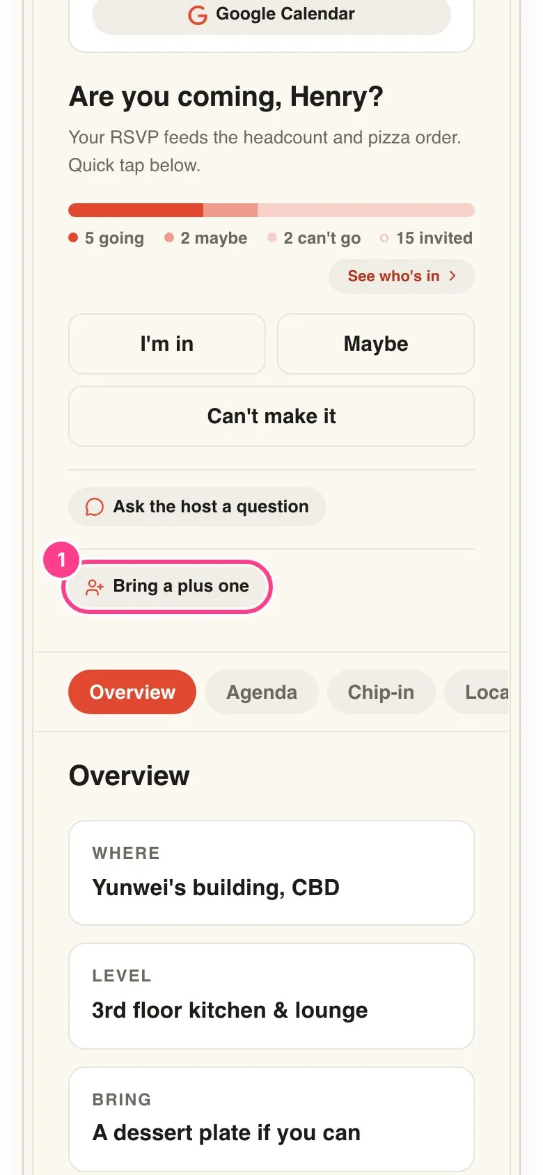 The invite with the Bring a plus one button circled