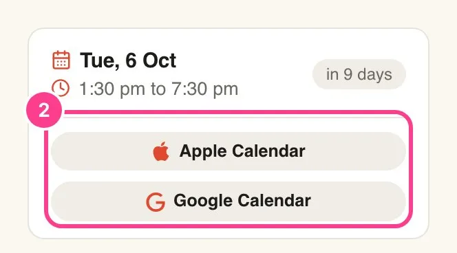 The date card with the Apple Calendar and Google Calendar buttons circled