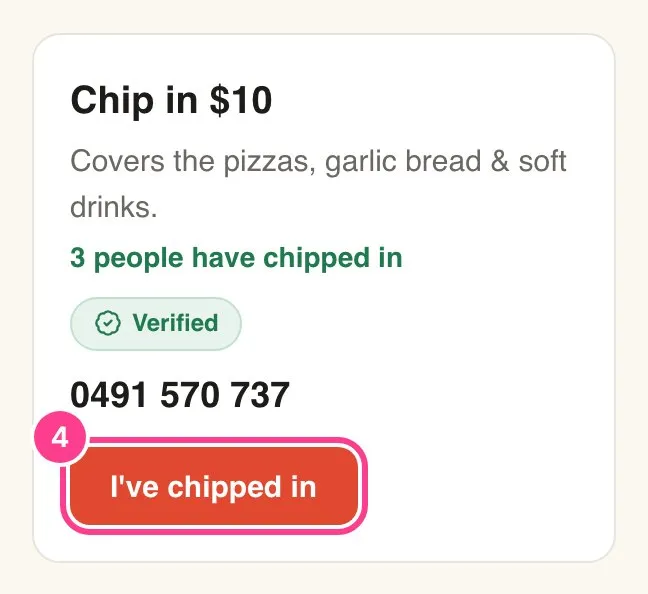 A chip-in card for $10, showing the host’s payment details and the I’ve chipped in button circled