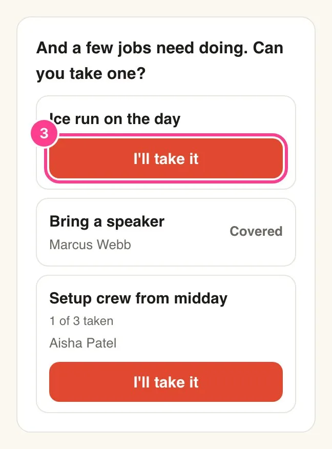 A sign-up list with the I’ll take it button on Ice run on the day circled