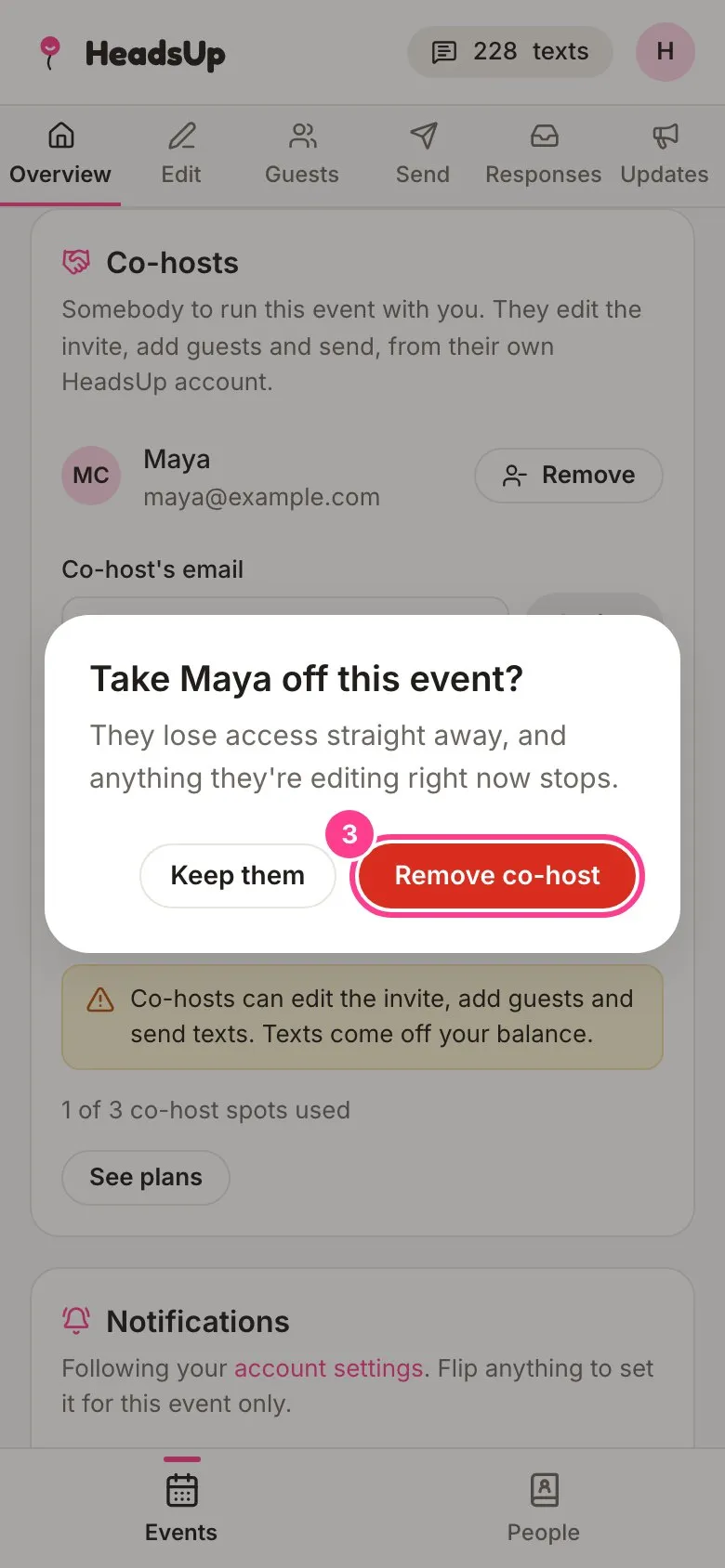 The confirm dialog with the Remove co-host button circled