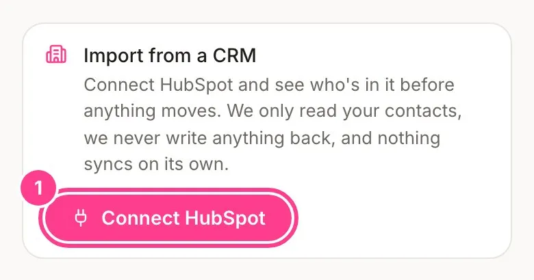 The Import from a CRM card on the People screen with the Connect HubSpot button circled