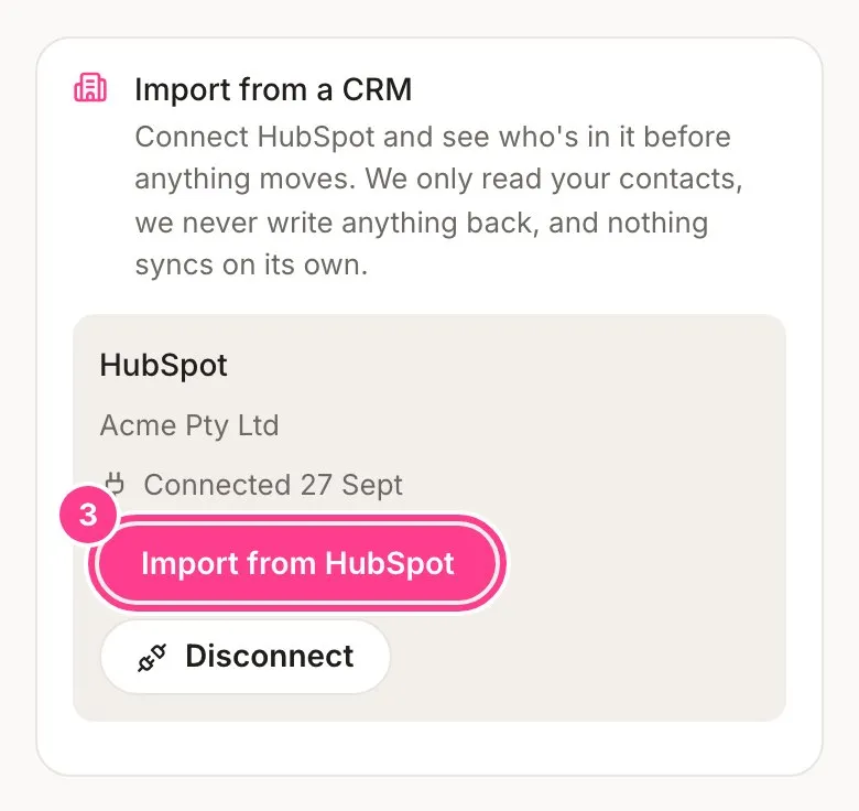 The Import from a CRM card showing HubSpot connected, with the Import from HubSpot button circled