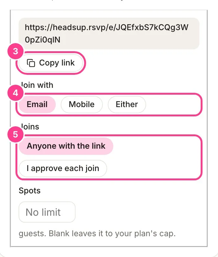 The public link settings, with Copy link, Join with and Joins circled