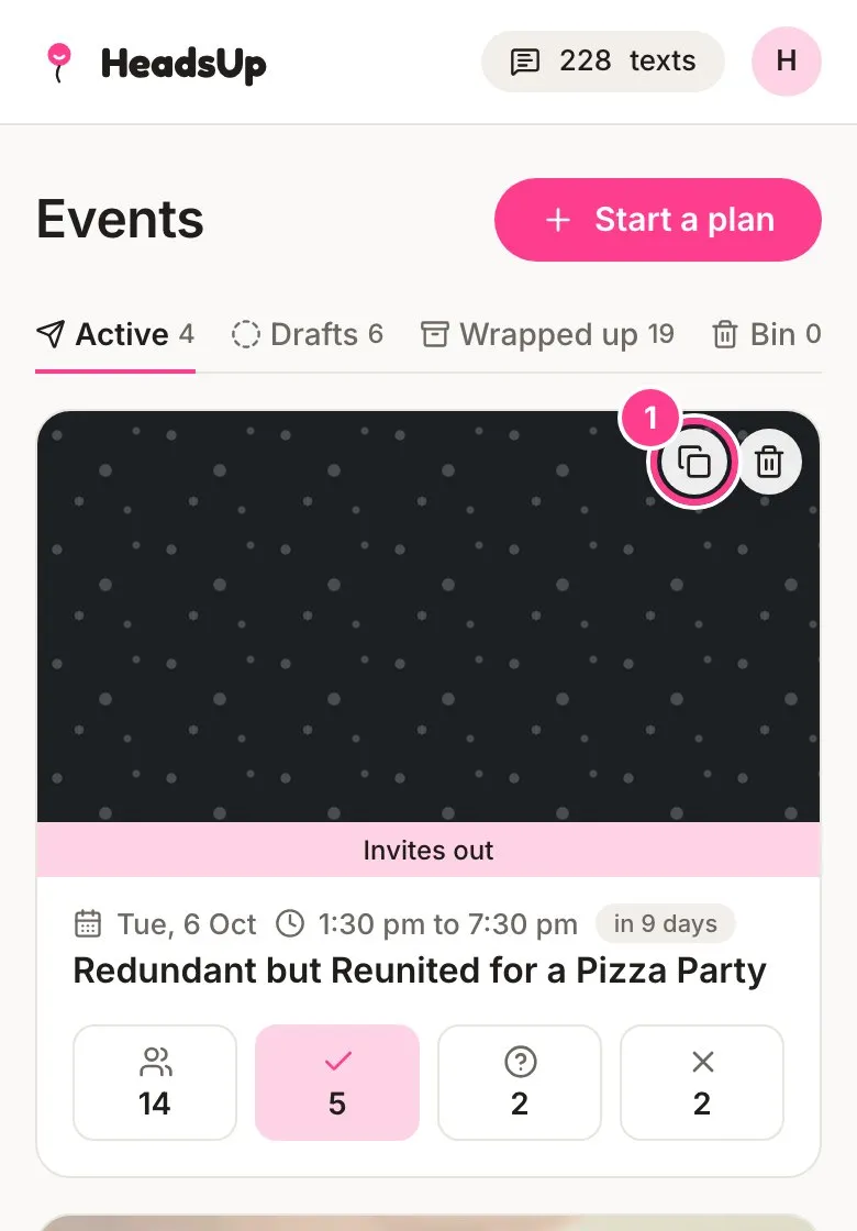 An event card on the Events home with its copy button circled