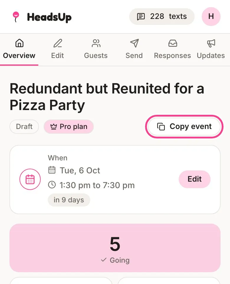 An event’s Overview with the Copy event button circled