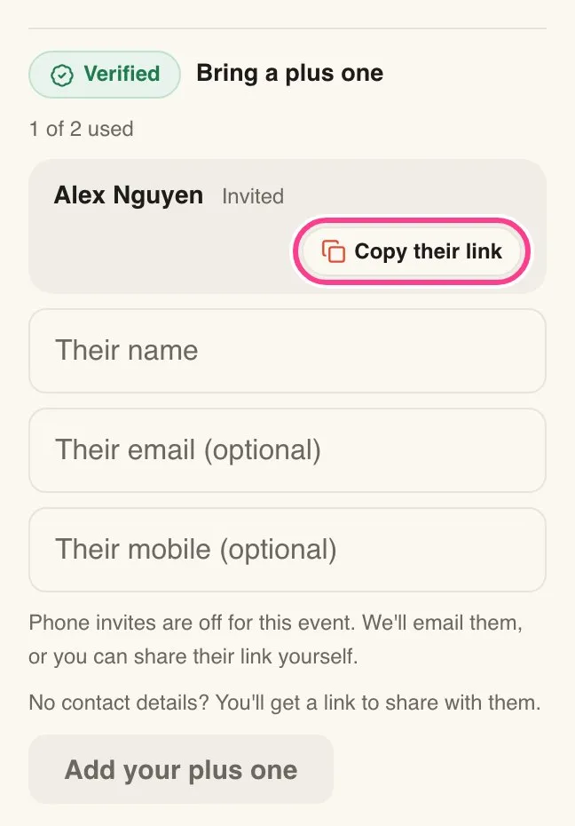 Alex Nguyen added as a plus one, with the Copy their link button circled