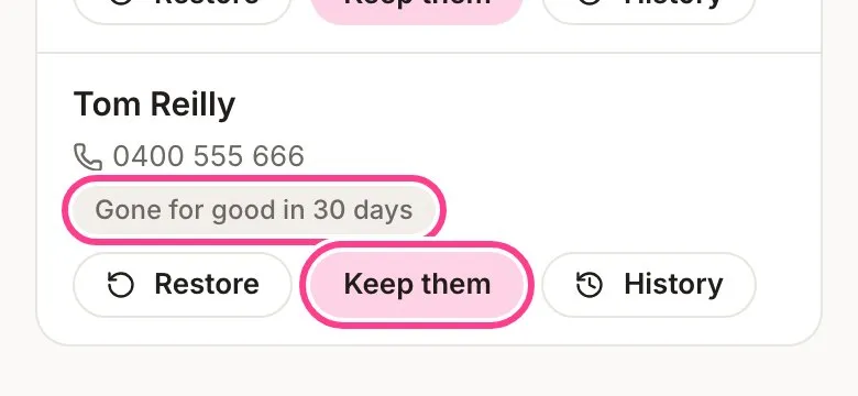 Tom Reilly in the Deleted tab with Gone for good in 30 days and the Keep them button circled