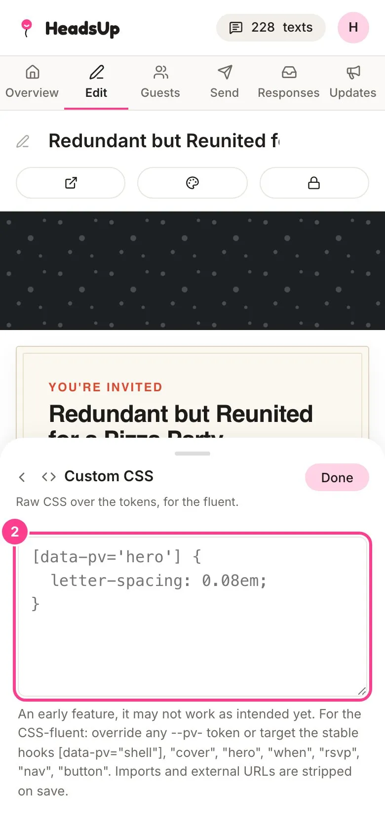 The Custom CSS panel with the CSS box circled