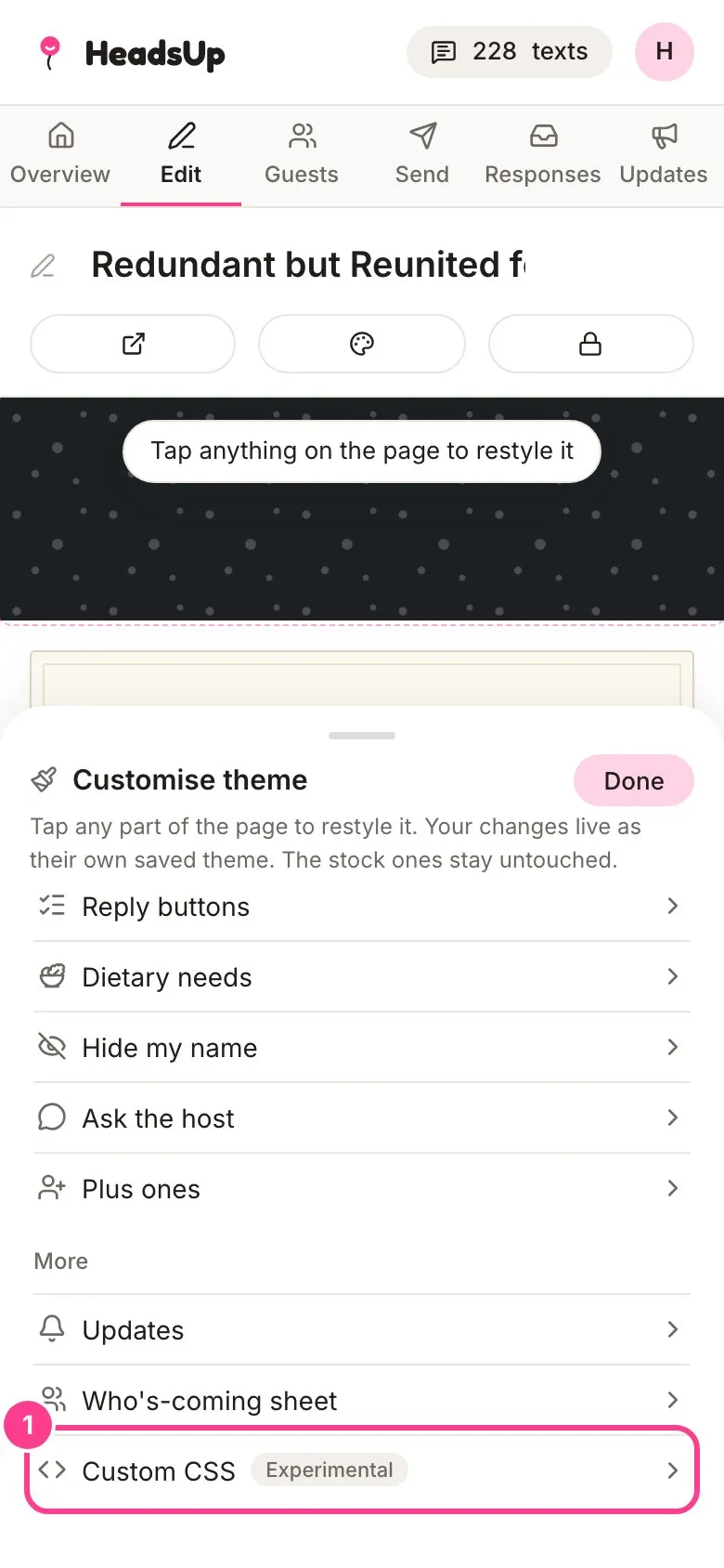 The bottom of the Customise theme list with Custom CSS and its Experimental badge circled