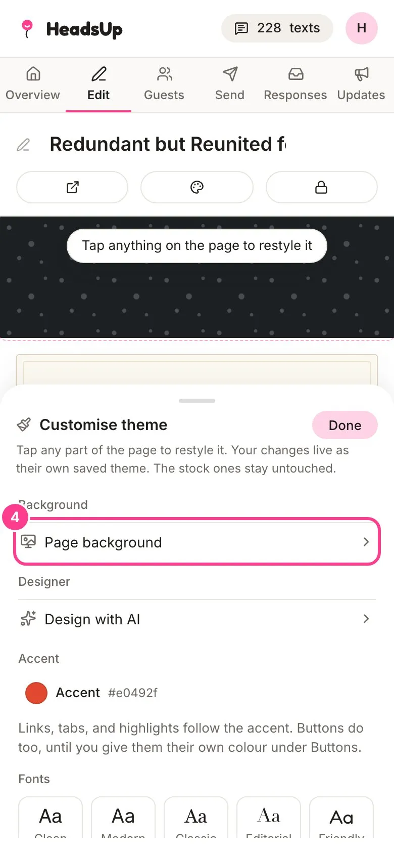 The Customise theme panel with Page background circled