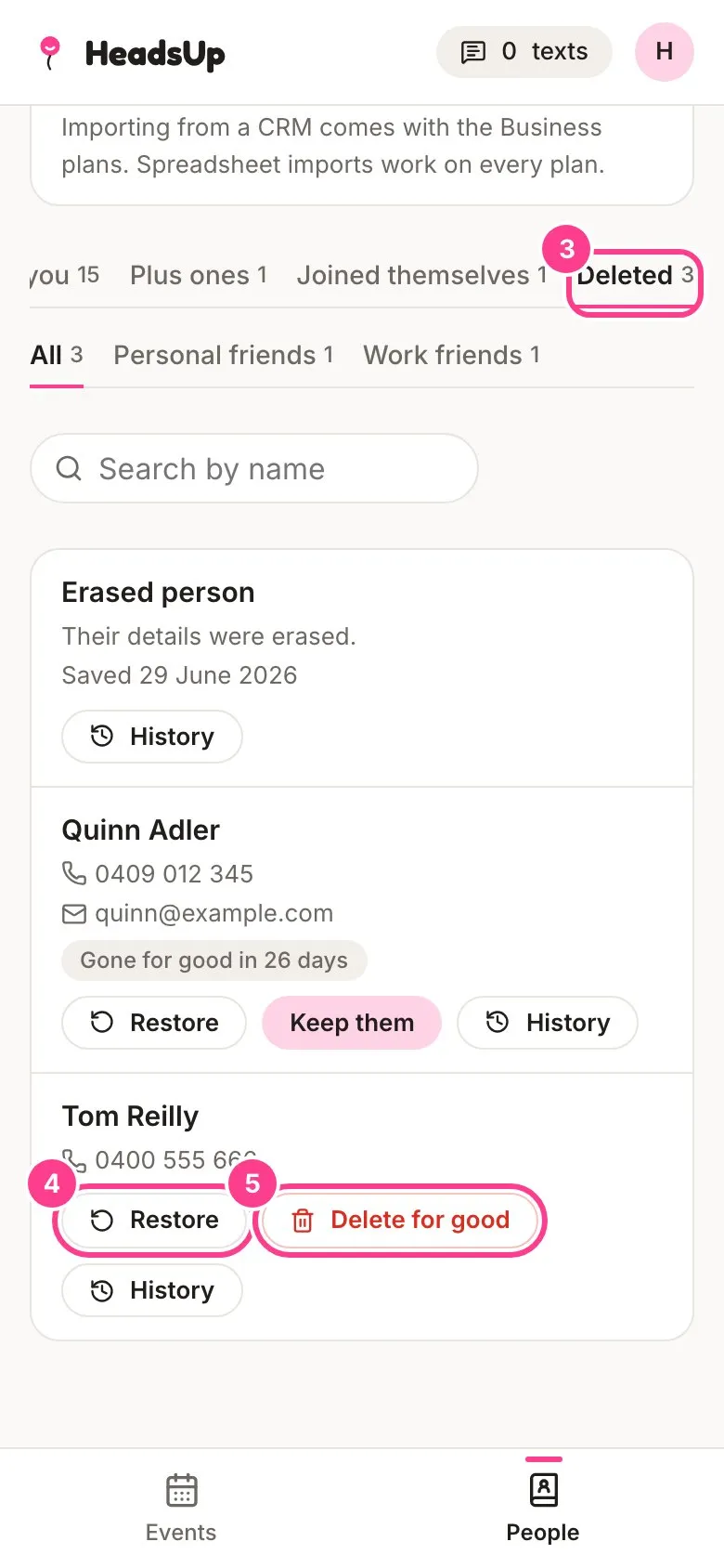 The Deleted tab circled, with Restore and Delete for good circled on Tom Reilly