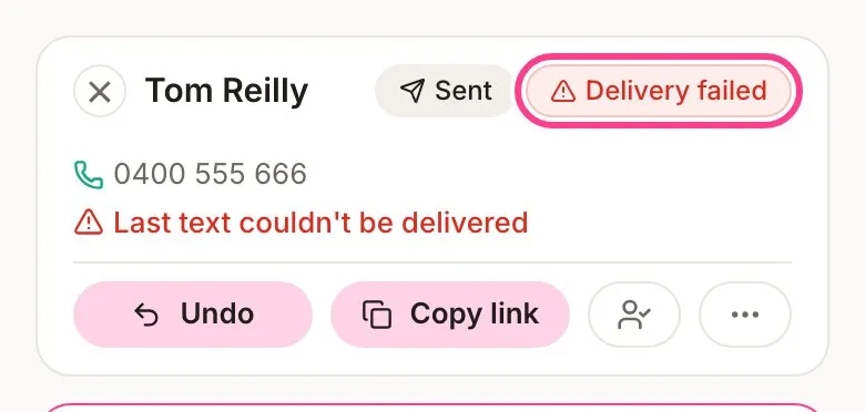 A guest’s card with the Delivery failed tag circled and the reason Last text couldn’t be delivered