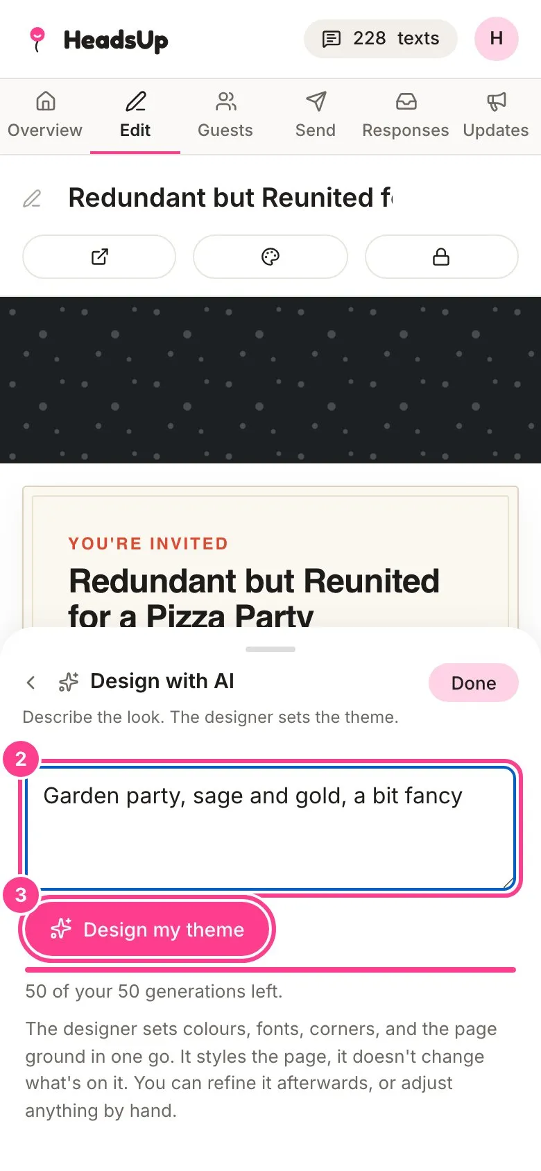 The Design with AI panel with a description typed in the box circled as 2 and the Design my theme button circled as 3