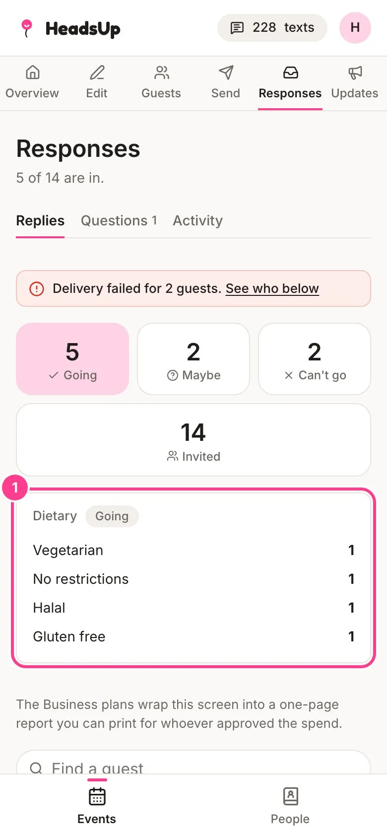 The Responses screen with the Dietary card circled