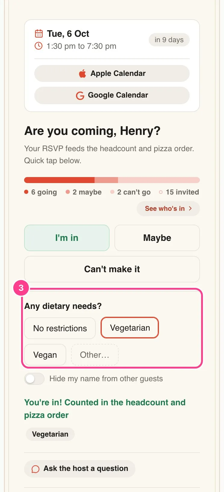 After tapping I’m in, the dietary needs choices are circled with Vegetarian picked, and a confirmation shows below