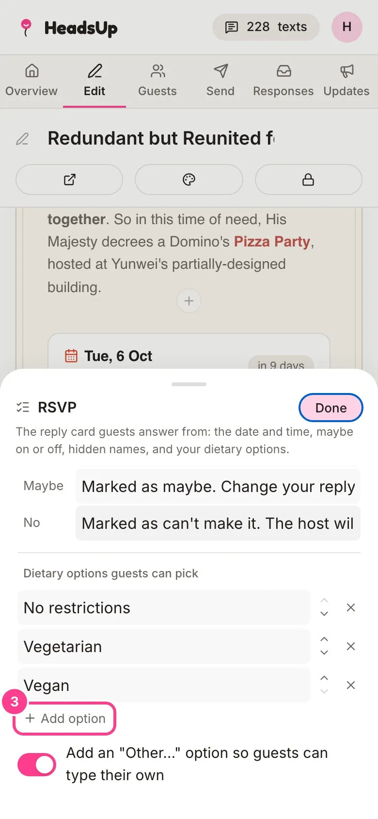 The dietary options in the RSVP panel with the Add option button circled