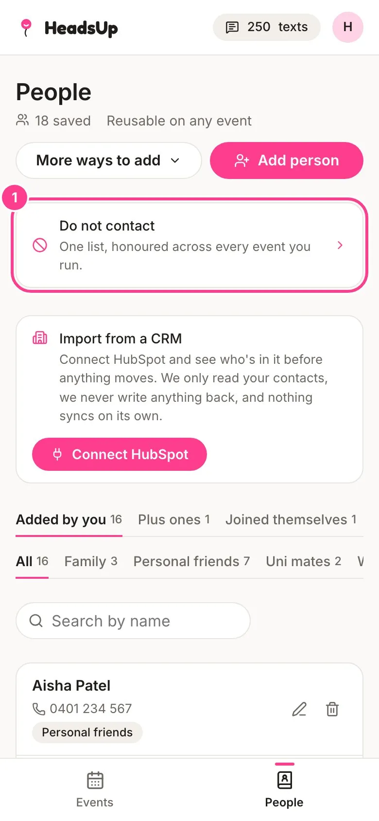 The People screen with the Do not contact card circled