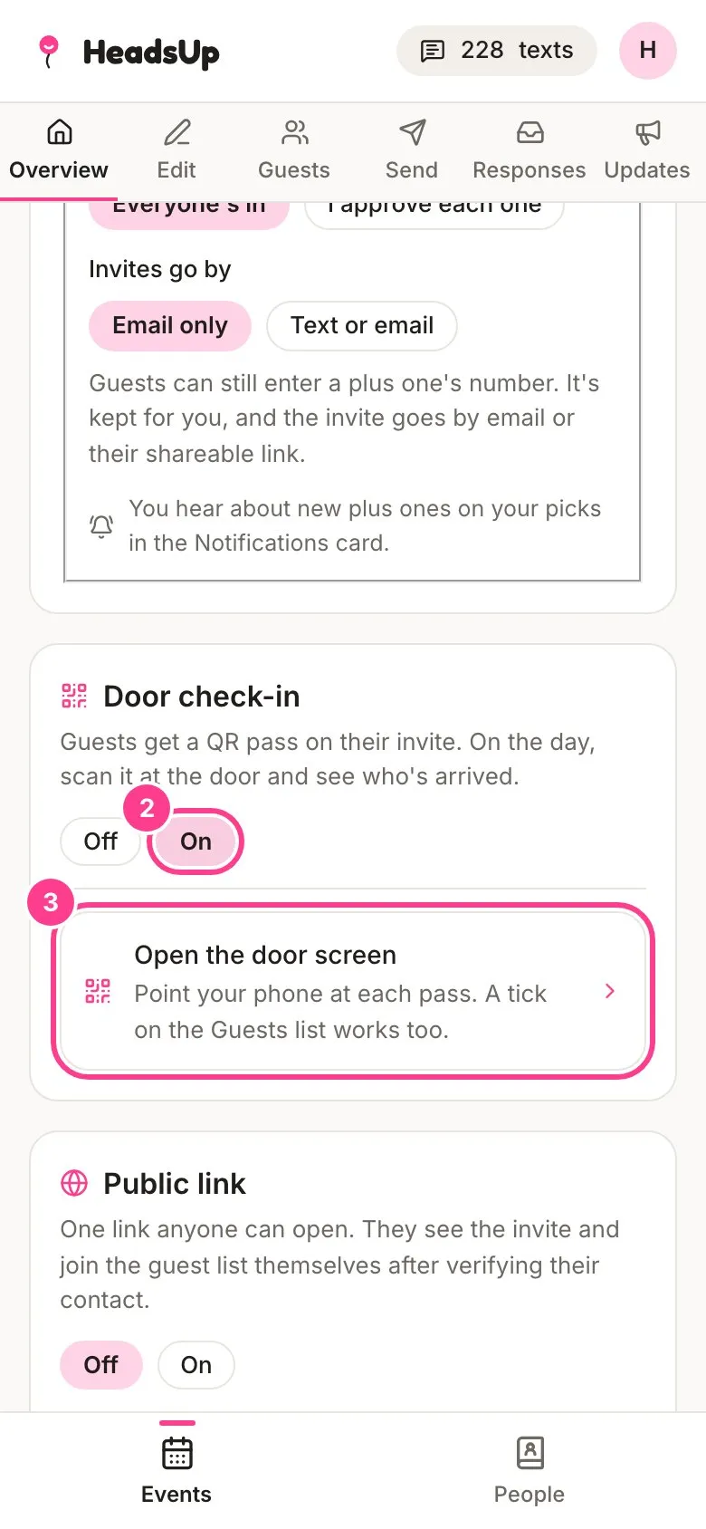The Door check-in card switched On, with the Open the door screen link circled