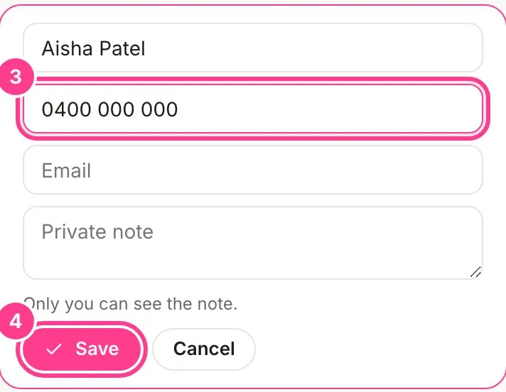 The edit form with a new phone number typed in and the Save button circled