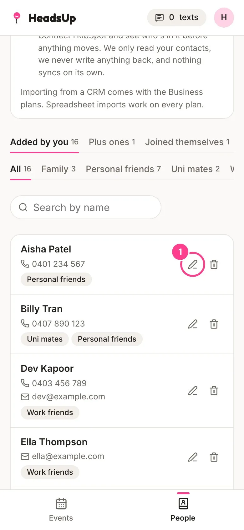 The People list with the pencil beside Aisha Patel circled