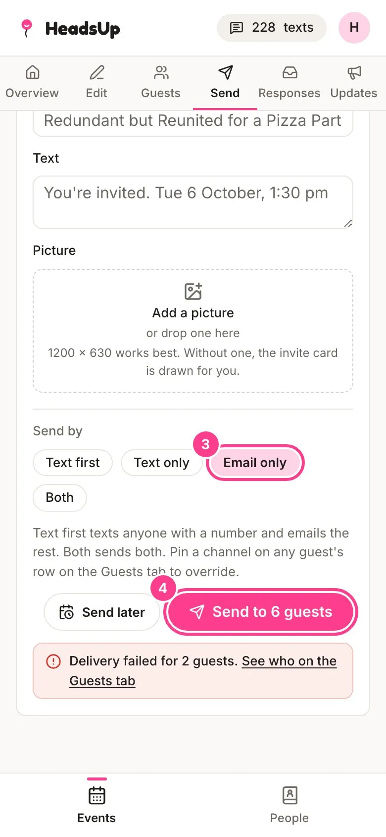 The Send tab with Email only and the Send to 6 guests button circled