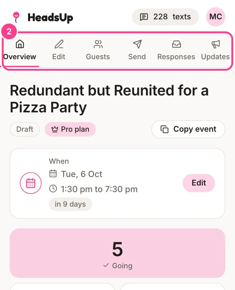 An event’s Overview with the six section tabs circled