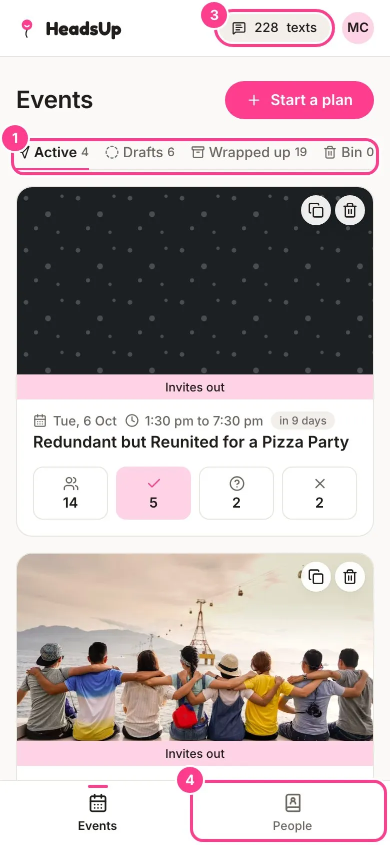 The Events home with the four tabs, the texts pill and the People tab circled